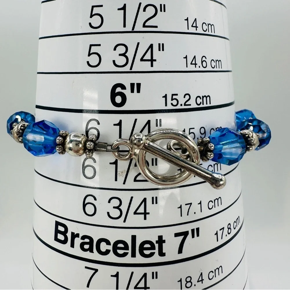 Sterling Silver Sapphire Blue Bracelet Faceted Glass Sterling Beads 6 1/4” Wrist